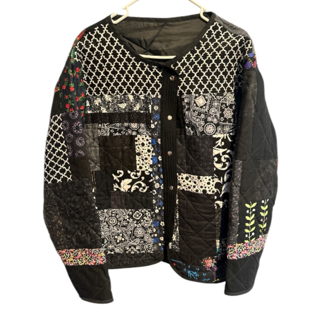 Chic Patchwork Black Pea Coat Quilted Jacket Black - image 1